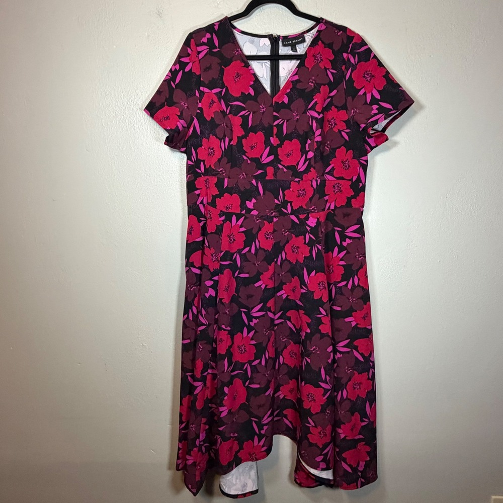 Lane Bryant Womens 18 Pink Floral V-Neck Fit & Flare High-Low Dress Short Sleeve